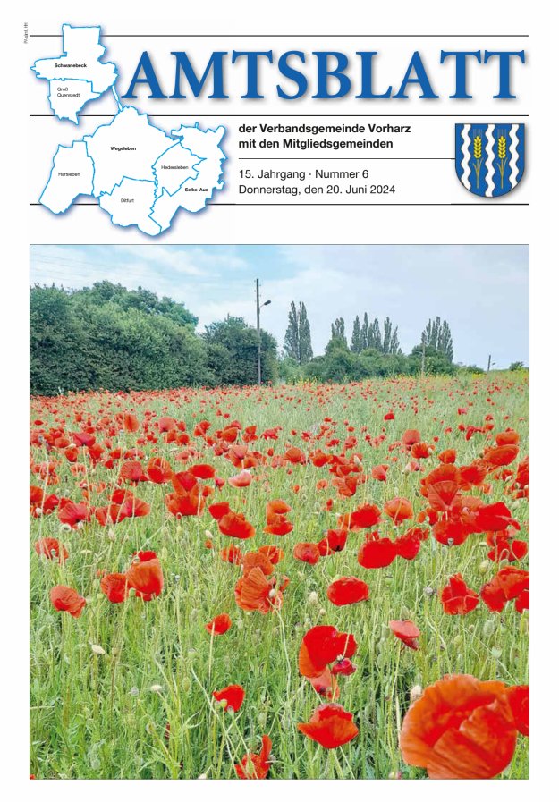 Titelblatt Amtsblatt der Verbandsgemeinde Vorharz mit den Mitgliedsgemeinden Ausgabe: 05/2024