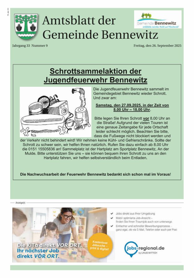 Titelblatt Amtsblatt der Gemeinde Bennewitz