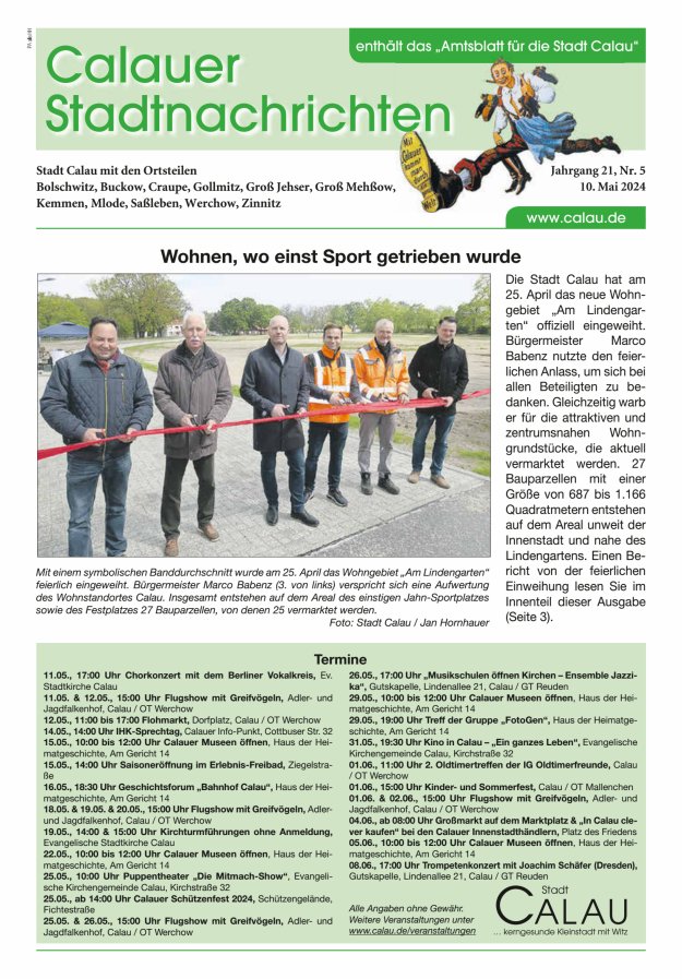 Titelblatt Calauer Stadtnachrichten – enthält das "Amtsblatt für die Stadt Calau" Ausgabe: 05/2024