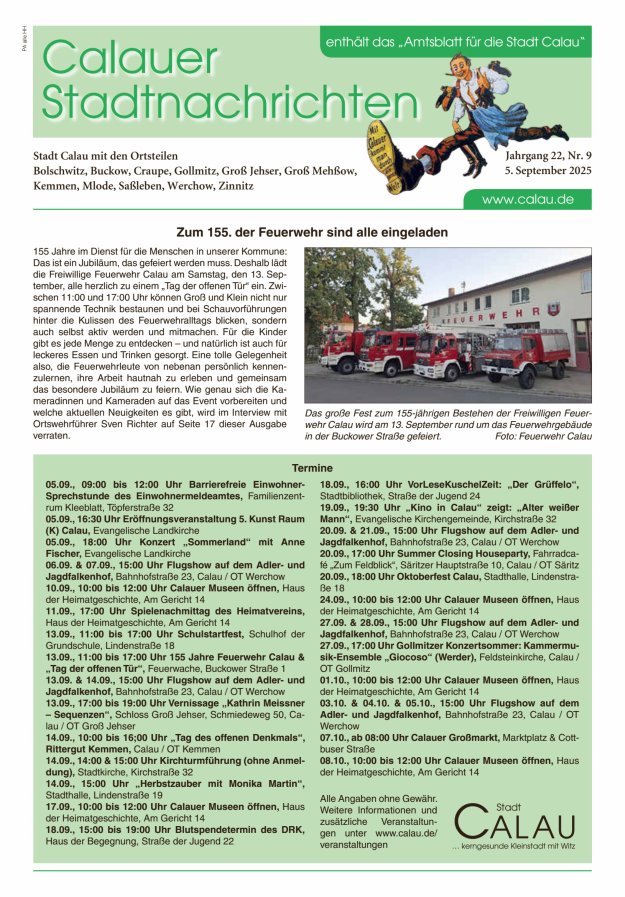 Titelblatt Calauer Stadtnachrichten – enthält das "Amtsblatt für die Stadt Calau" Ausgabe: 05/2024