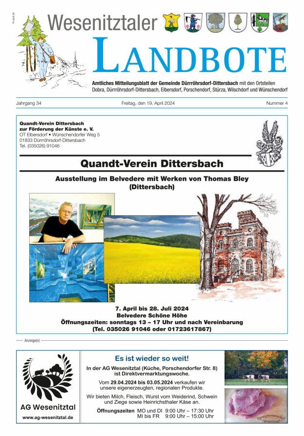 Titelblatt Wesenitztaler Landbote – Amtliches Mitteilungsblatt der Gemeinde Dürrröhrsdorf-Dittersbach Ausgabe: 04/2024