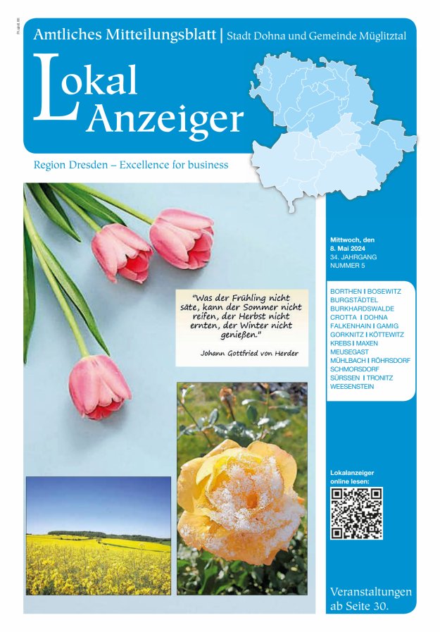 Titelblatt Lokal-Anzeiger – Amtliches Mitteilungsblatt Stadt Dohna und Gemeinde Müglitztal Ausgabe: 05/2024