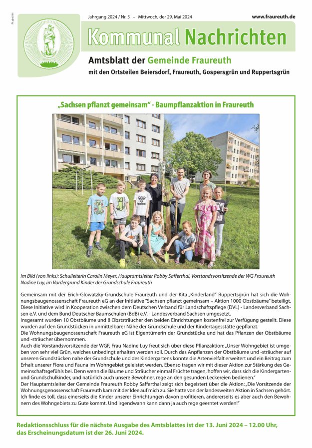 Titelblatt Kommunal-Nachrichten der Gemeinde Fraureuth Ausgabe: 04/2024