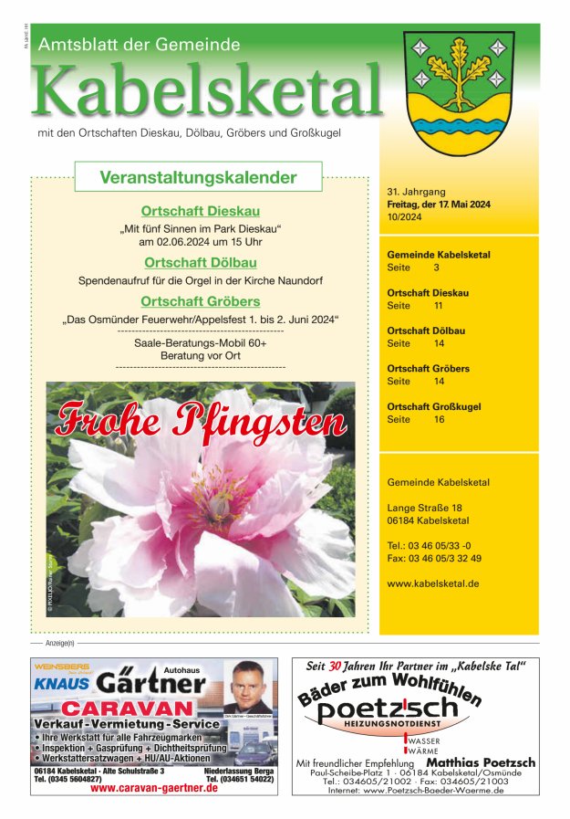 Titelblatt Amtsblatt der Gemeinde Kabelsketal mit den Ortsteilen Ausgabe: 09/2024