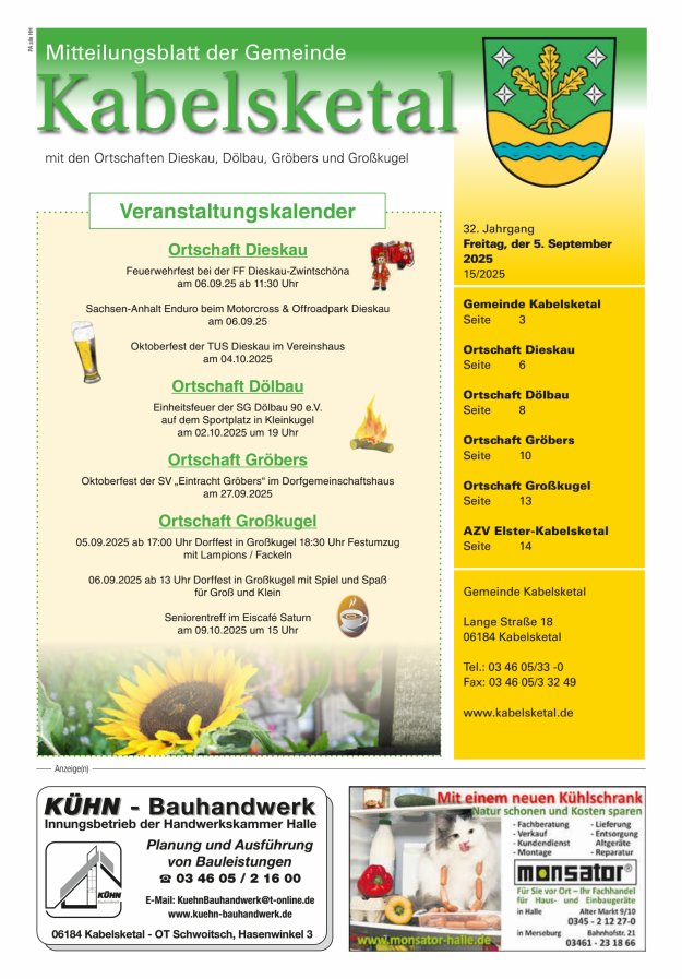 Titelblatt Amtsblatt der Gemeinde Kabelsketal mit den Ortsteilen Ausgabe: 09/2024