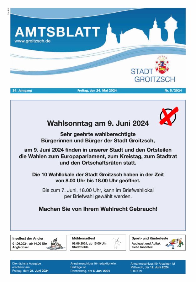 Titelblatt Amtsblatt Stadt Groitzsch Ausgabe: 04/2024