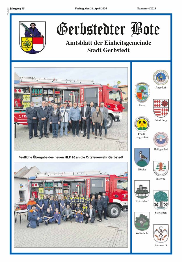 Titelblatt Gerbstedter Bote – Amtsblatt der Einheitsgemeinde Stadt Gerbstedt Ausgabe: 04/2024