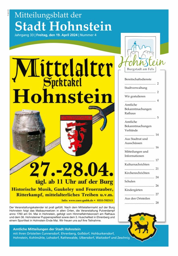 Titelblatt Mitteilungsblatt der Stadt Hohnstein Ausgabe: 04/2024