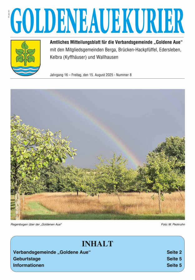 Titelblatt Goldene Aue Kurier – Amtliches Mitteilungsblatt für die Verbandsgemeinde "Goldene Aue"