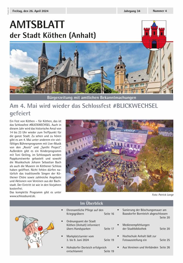 Titelblatt Amtsblatt der Stadt Köthen (Anhalt) – Bürgerzeitung mit amtlichen Bekanntmachungen Ausgabe: 04/2024
