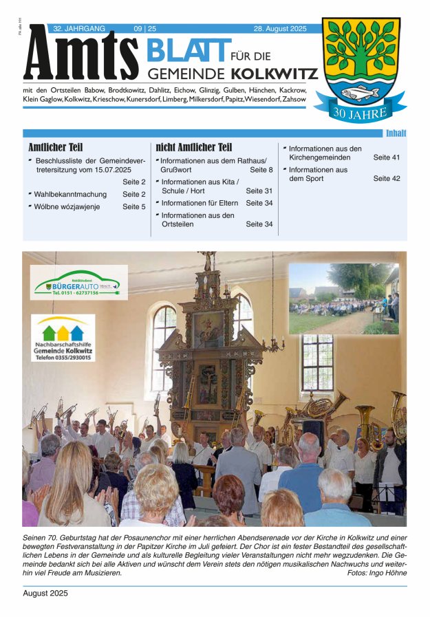 Titelblatt Amtsblatt für die Gemeinde Kolkwitz 