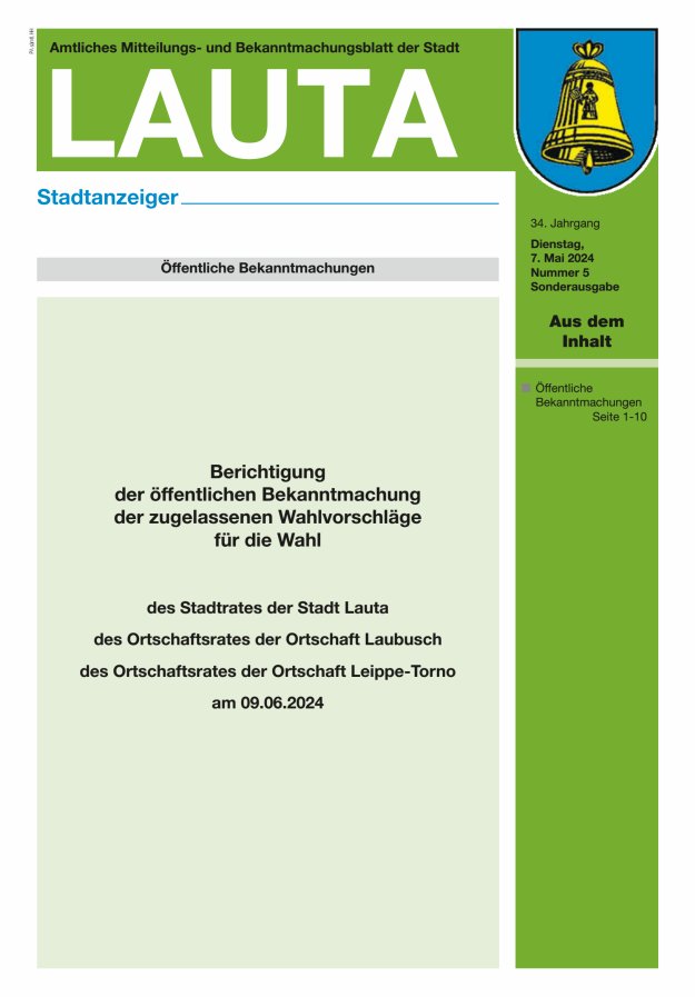 Titelblatt Amtliches Mitteilungs- und Bekanntmachungsblatt der Stadt Lauta | Stadtanzeiger Ausgabe: 05/2024