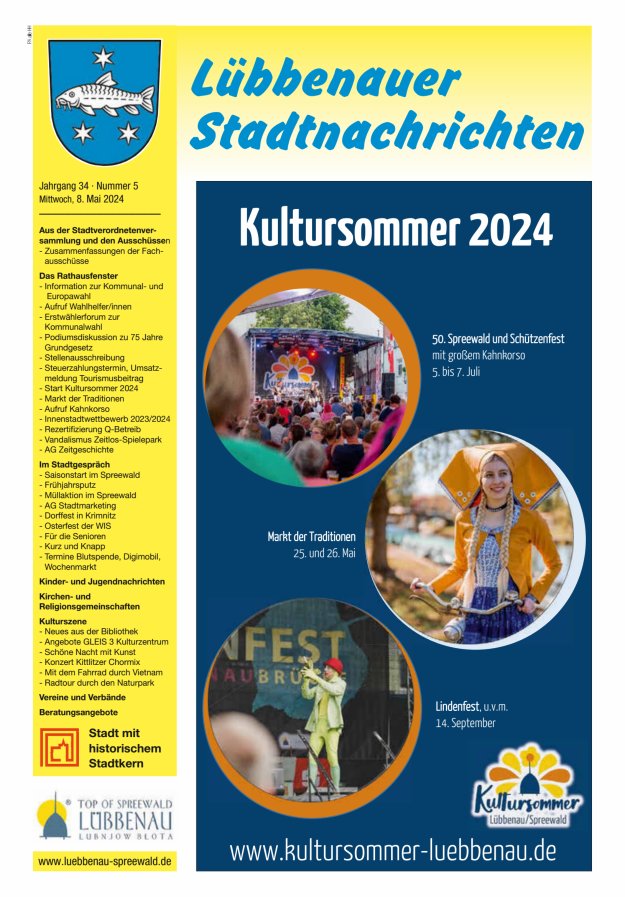 Titelblatt Lübbenauer Stadtnachrichten – Amtsblatt für die Stadt Lübbenau/Spreewald Ausgabe: 07/2024