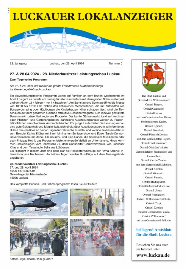 Titelblatt Luckauer Lokalanzeiger (beiliegend Amtsblatt für die Stadt Luckau) Ausgabe: 05/2024