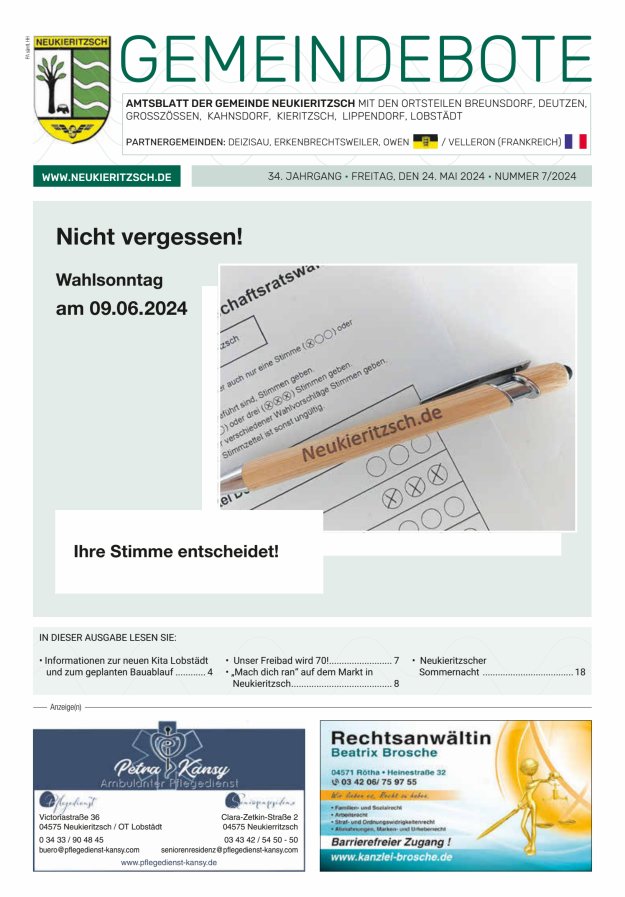 Titelblatt Gemeindebote | Amtsblatt der Gemeinde Neukieritzsch mit den Ortsteilen Ausgabe: 06/2024