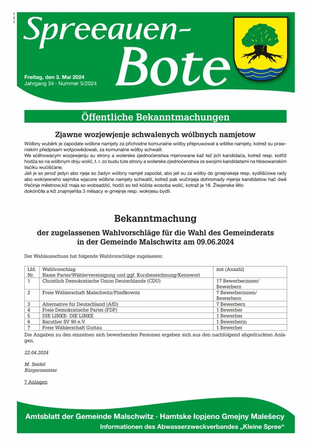Titelblatt Spreeauen-Bote | Amtsblatt der Gemeinde Malschwitz Ausgabe: 05/2024
