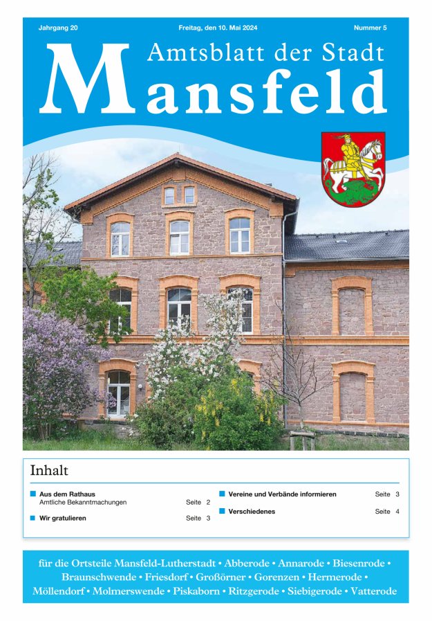 Titelblatt Amtsblatt der Stadt Mansfeld Ausgabe: 05/2024