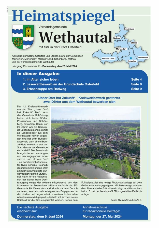 Titelblatt Heimatspiegel Verbandsgemeinde Wethautal mit Sitz in der Stadt Osterfeld Ausgabe: 10/2024
