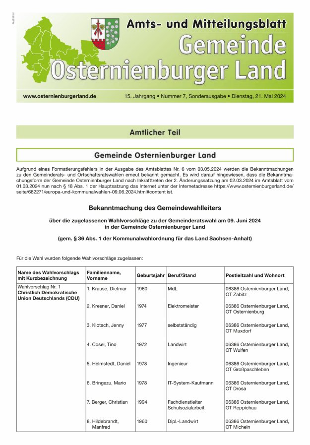 Titelblatt Gemeinde Osternienburger Land – Amts- und Mitteilungsblatt Ausgabe: 06/2024