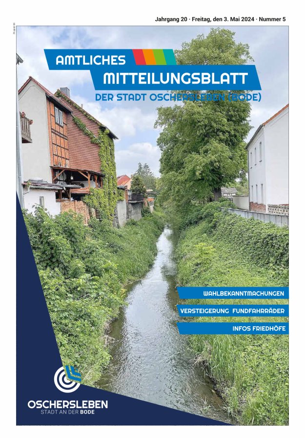 Titelblatt Amtliches Mitteilungsblatt der Stadt Oschersleben (Bode) und ihrer Ortsteile Ausgabe: 05/2024