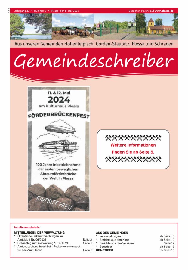 Titelblatt Gemeindeschreiber – Amtsblatt für das Amt Plessa Ausgabe: 05/2024