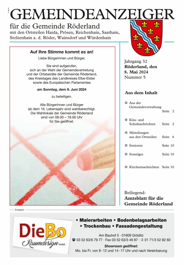 Titelblatt Gemeindeanzeiger | Amtsblatt für die Gemeinde Röderland Ausgabe: 05/2024