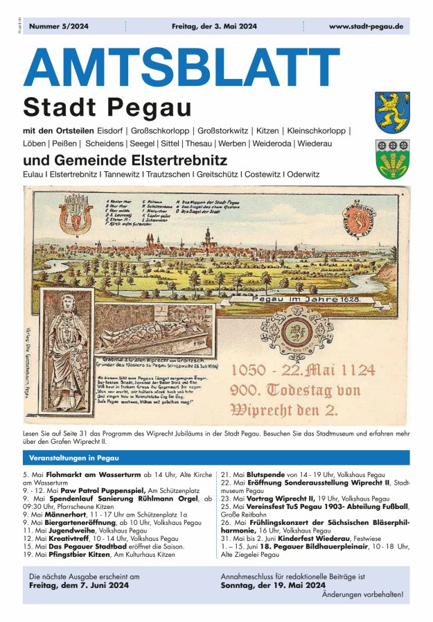 Titelblatt Amtsblatt Stadt Pegau und Gemeinde Elstertrebnitz  Ausgabe: 05/2024