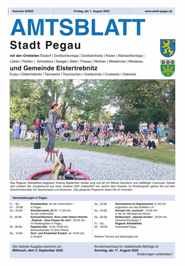 Titelblatt Amtsblatt Stadt Pegau und Gemeinde Elstertrebnitz 
