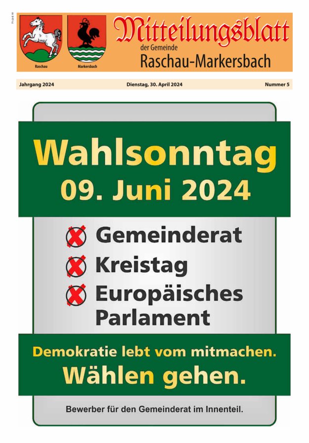 Titelblatt Mitteilungsblatt der Gemeinde Raschau-Markersbach Ausgabe: 05/2024