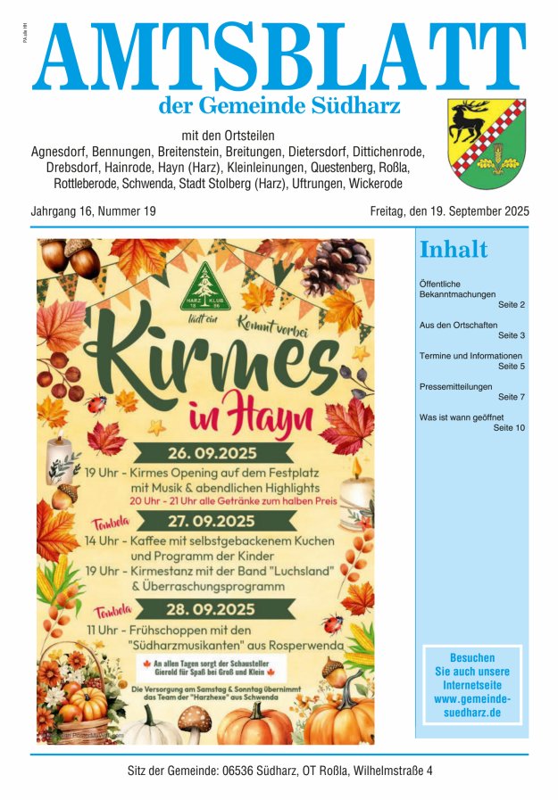 Titelblatt Amtsblatt der Gemeinde Südharz Ausgabe: 09/2024