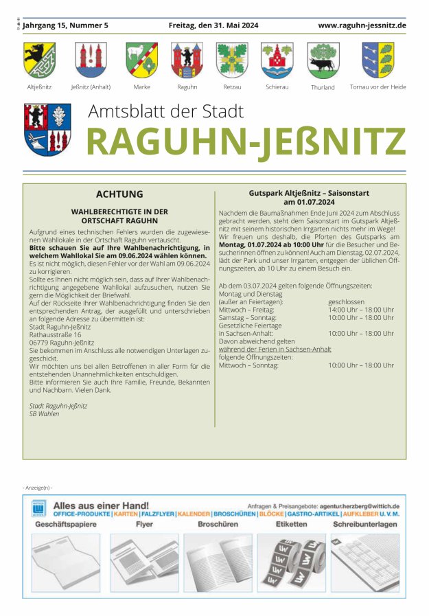 Titelblatt Amtsblatt der Stadt Raguhn-Jeßnitz Ausgabe: 04/2024