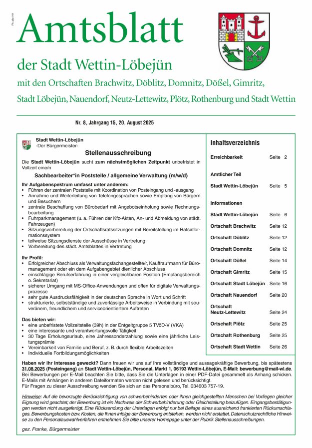 Titelblatt Amtsblatt der Stadt Wettin-Löbejün mit den Ortsteilen