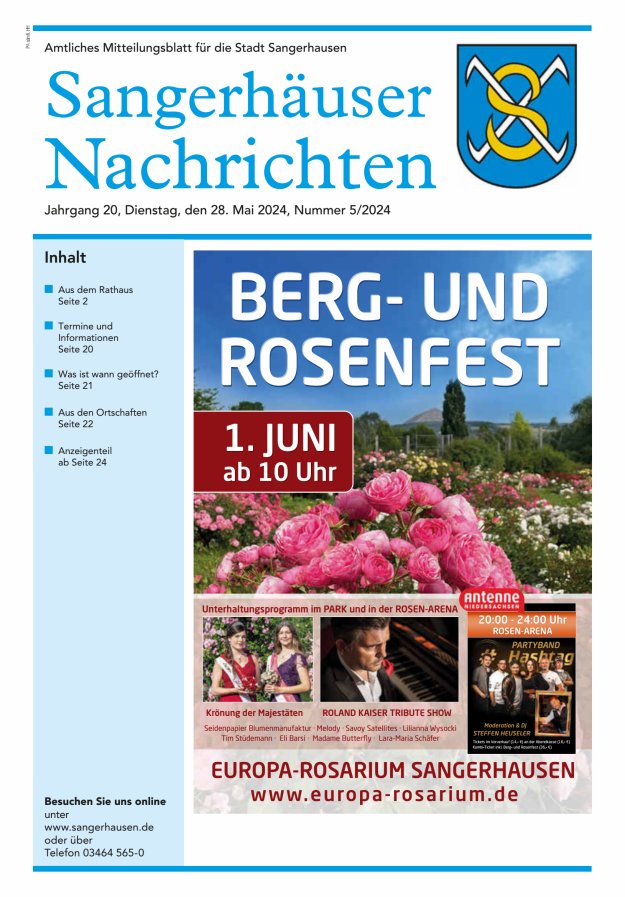 Titelblatt Sangerhäuser Nachrichten – Amtliches Mitteilungsblatt für die Stadt Sangerhausen Ausgabe: 04/2024