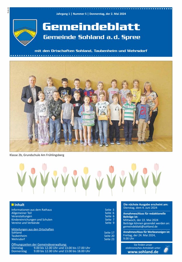 Titelblatt Amtsblatt der Gemeinde Sohland a. d. Spree mit den Ortschaften Sohland, Taubenheim und Wehrsdorf Ausgabe: 05/2024