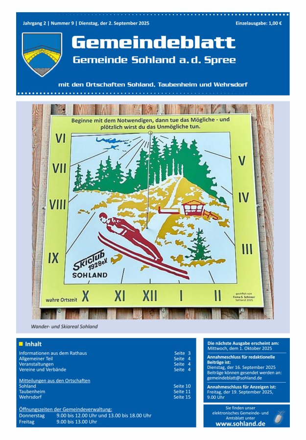 Titelblatt Amtsblatt der Gemeinde Sohland a. d. Spree mit den Ortschaften Sohland, Taubenheim und Wehrsdorf