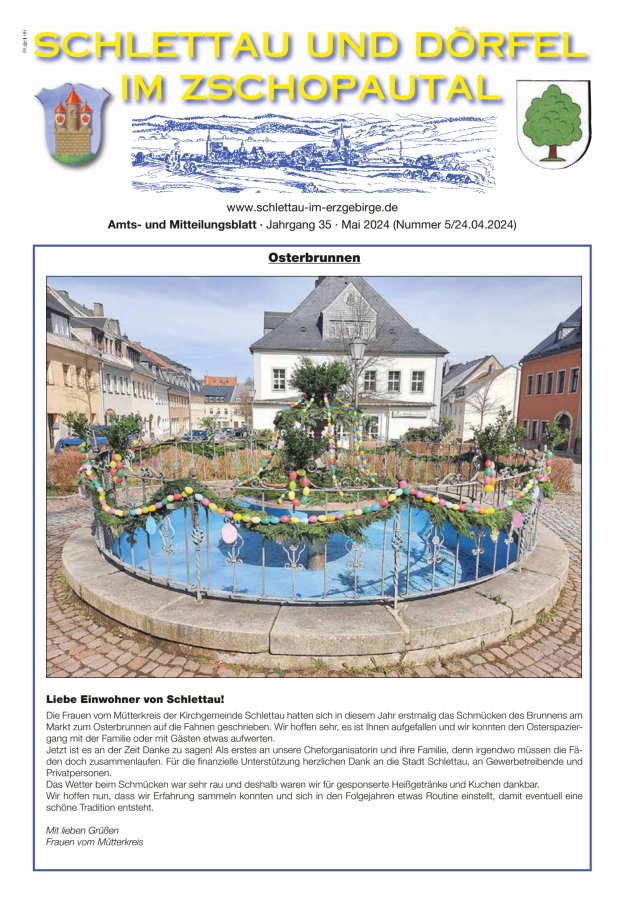 Titelblatt Schlettau und Dörfel im Zschopautal – Amts- und Mitteilungsblatt Ausgabe: 05/2024