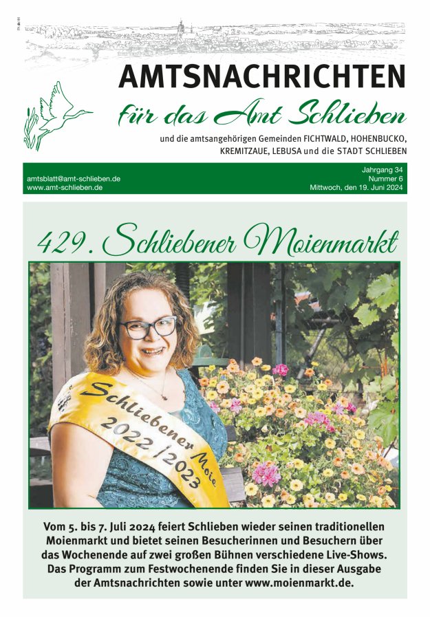 Titelblatt Amtsnachrichten – Amtsblatt für das Amt Schlieben und die amtsangehörigen Gemeinden Ausgabe: 05/2024