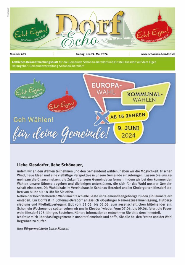 Titelblatt Dorfecho Amtliches Bekanntmachungsblatt für die Gemeinde Schönau-Berzdorf und OT Ausgabe: 402/2024