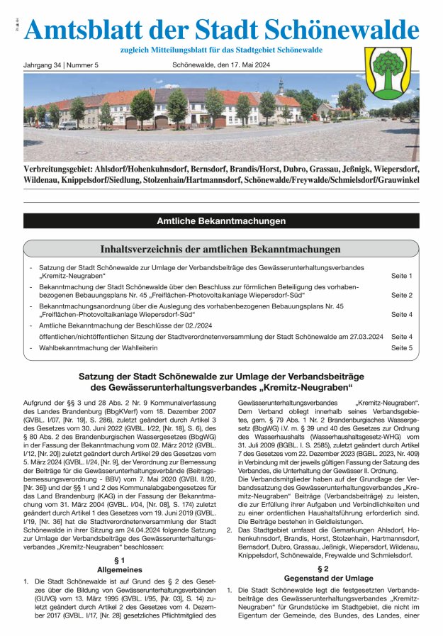 Titelblatt Amtsblatt der Stadt Schönewalde | Mitteilungsblatt für das Stadtgebiet Ausgabe: 04/2024
