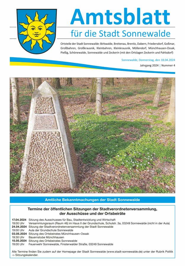 Titelblatt Amtsblatt für die Stadt Sonnewalde Ausgabe: 04/2024