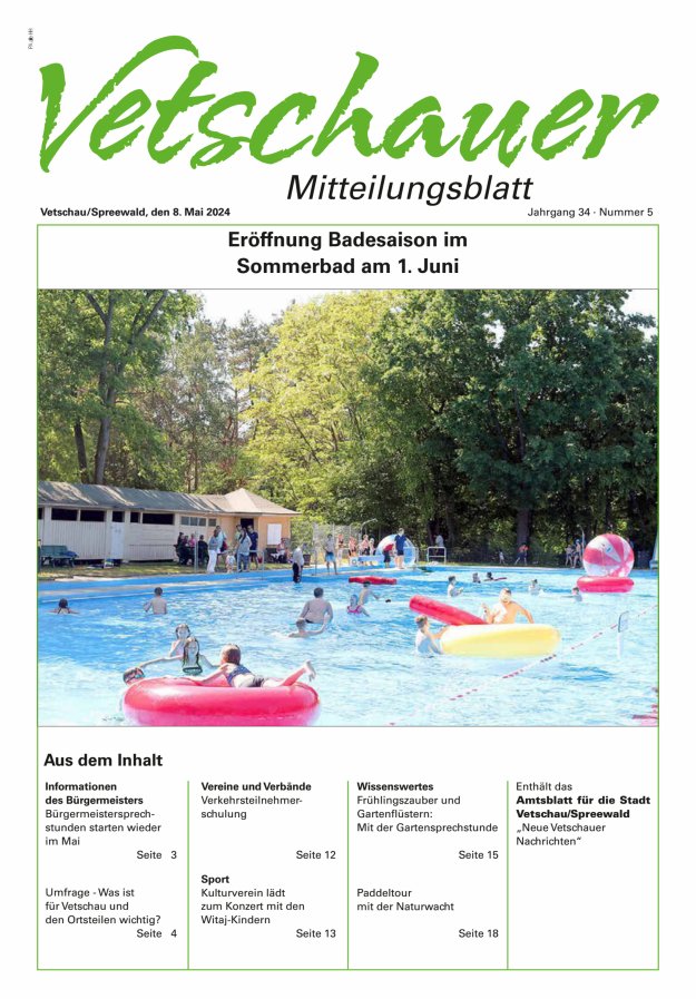 Titelblatt Vetschauer Mitteilungsblatt | Neue Vetschauer Nachrichten (Amtsblatt) Ausgabe: 05/2024