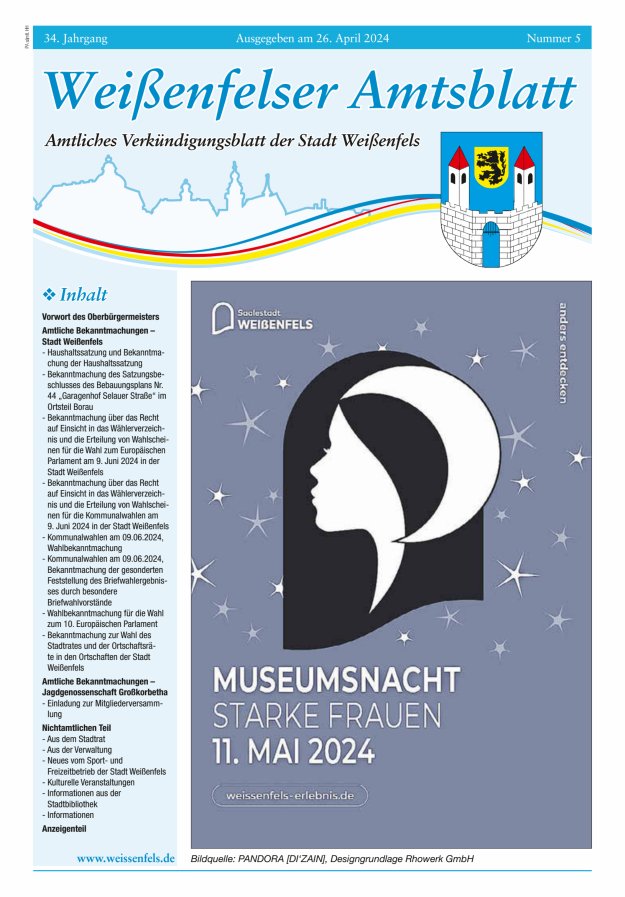 Titelblatt Weißenfelser Amtsblatt – Amtliches Verkündungsblatt der Stadt Weißenfels Ausgabe: 05/2024