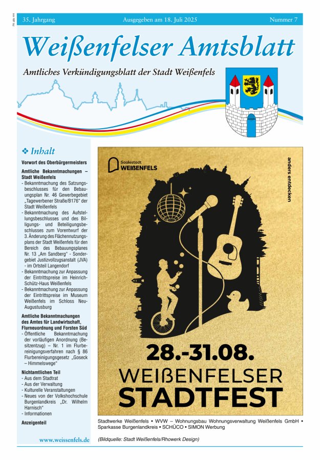 Titelblatt Weißenfelser Amtsblatt – Amtliches Verkündungsblatt der Stadt Weißenfels Ausgabe: 05/2024