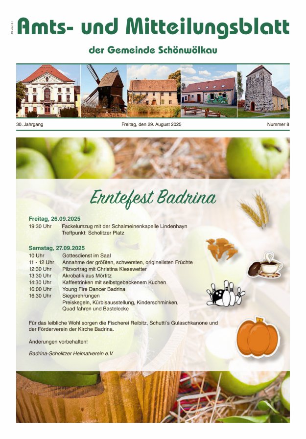 Titelblatt Amts- und Mitteilungsblatt der Gemeinde Schönwölkau
