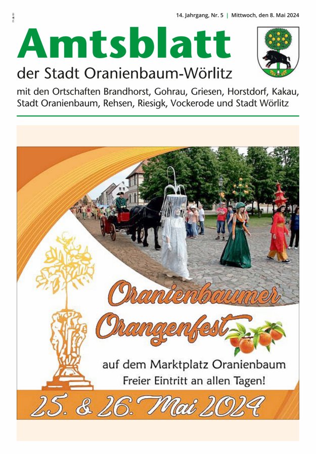 Titelblatt Amtsblatt der Stadt Oranienbaum-Wörlitz mit den Ortschaften Ausgabe: 05/2024