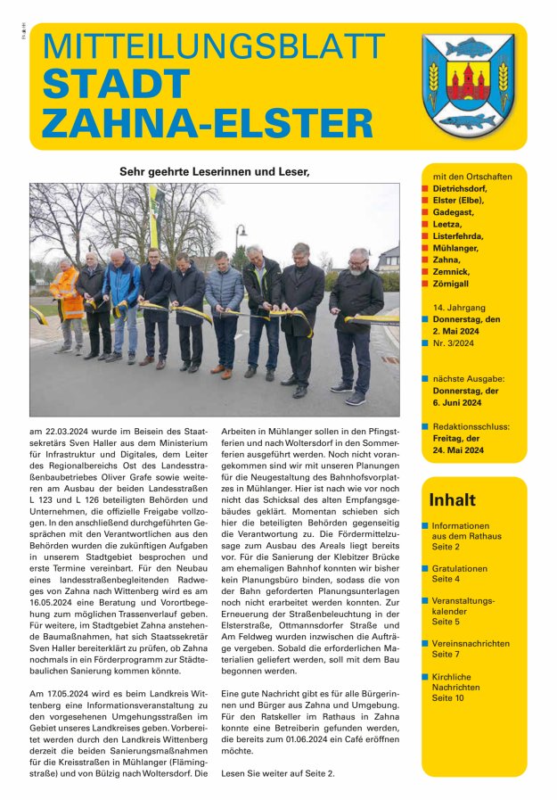 Titelblatt Mitteilungsblatt Stadt Zahna-Elster mit den Ortschaften Ausgabe: 03/2024