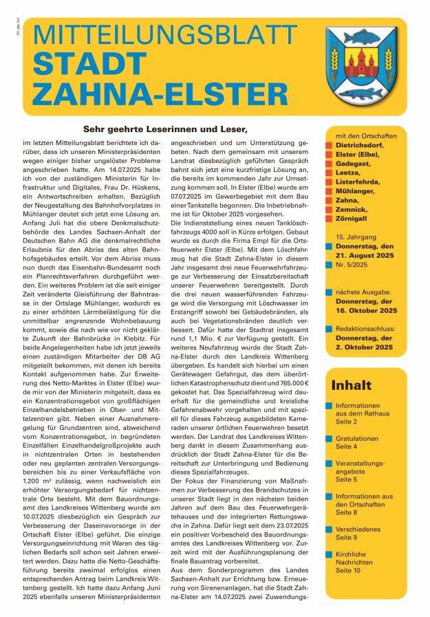 Titelblatt Mitteilungsblatt Stadt Zahna-Elster mit den Ortschaften Ausgabe: 03/2024