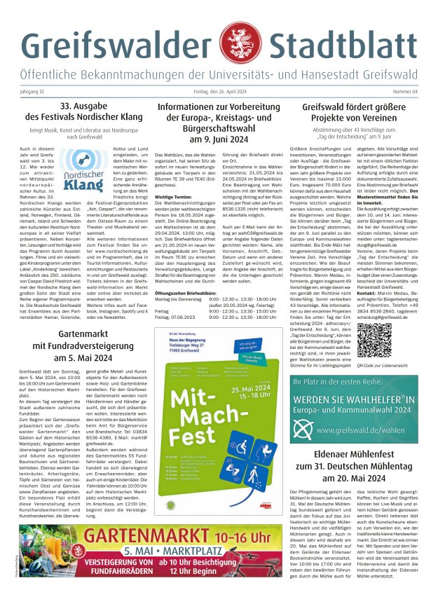 Titelblatt Greifswalder Stadtblatt Ausgabe: 04/2024