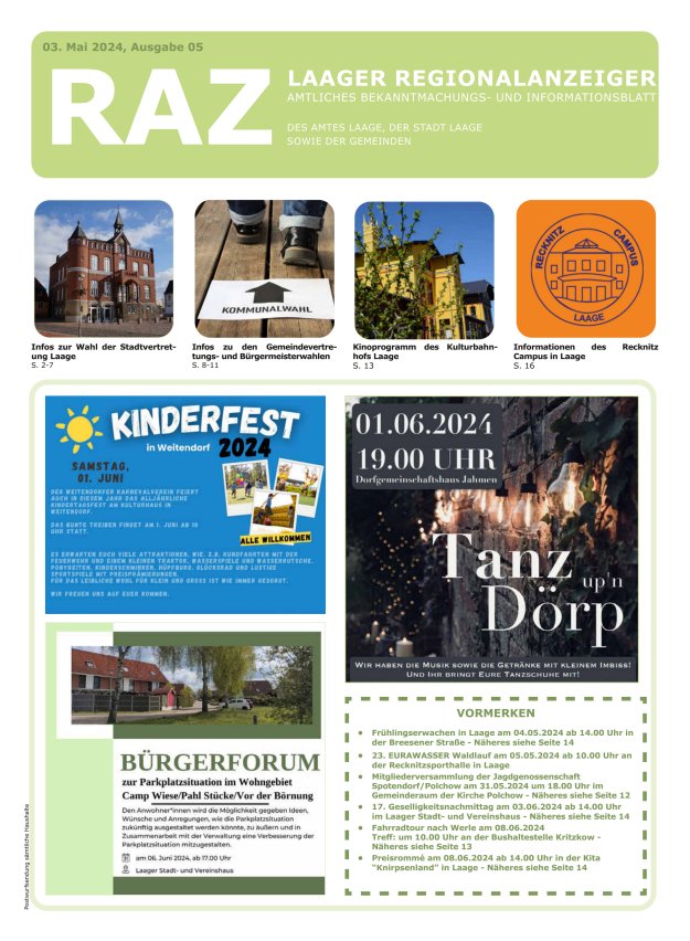 Titelblatt Laager Regionalanzeiger + Stadtanzeiger Ausgabe: 05/2024