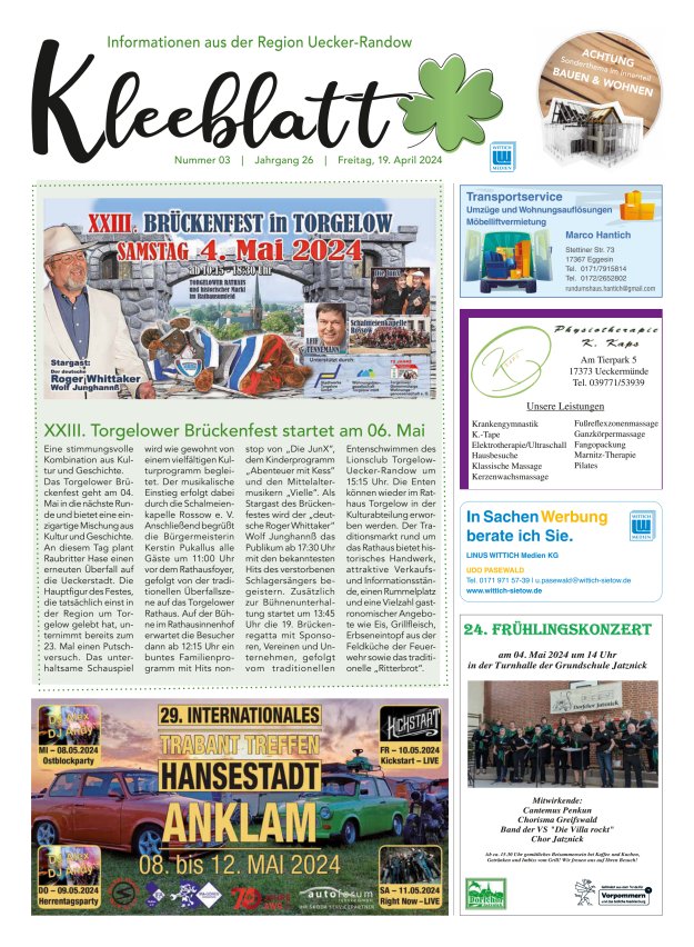 Titelblatt Kleeblatt - Mitteilungsblatt der Region Uecker-Randow Ausgabe: 03/2024